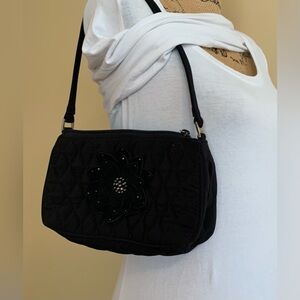VERA BRADLEY Gigi black quilted crystals flower Mini shoulder Baguette VGUC+++